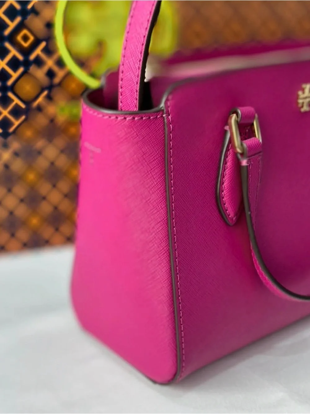 Tory Burch Emerson Mini Top Zip Tote Magenta Pink Saffiano Leather Satchel Bag